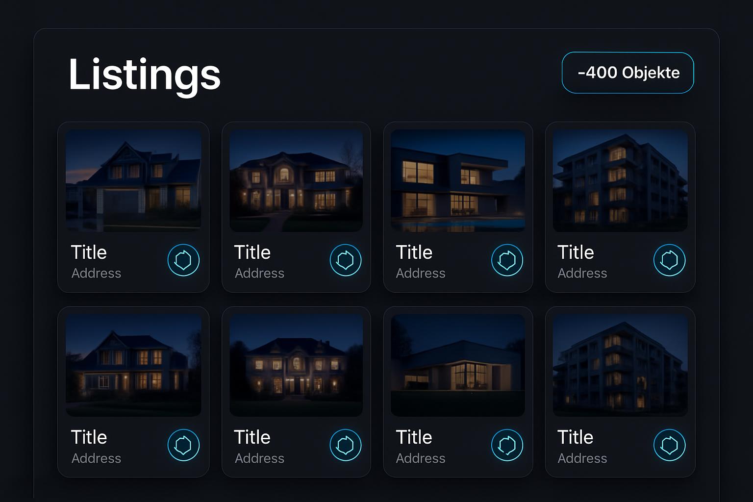 Rasteransicht von Immobilien-Listings mit Synchronisations-Indikator
