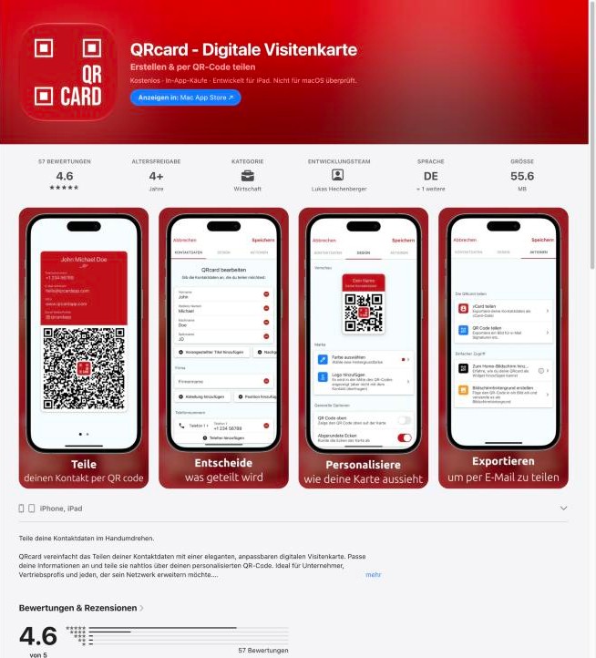 The App Store listing for the QRcard app, showing rating, screenshots and description