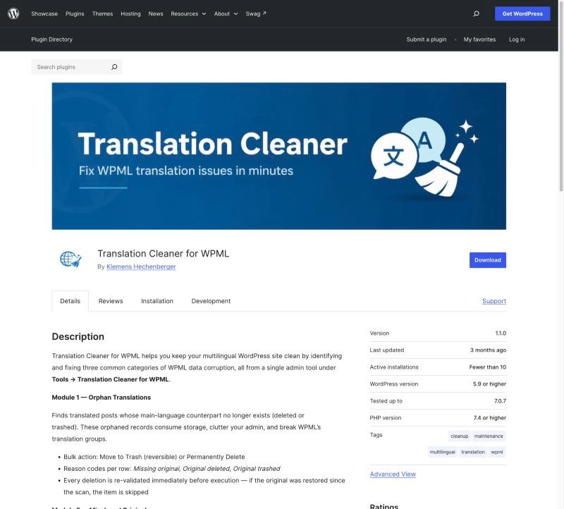 The Translation Cleaner for WPML plugin page in the WordPress plugin directory, showing version, last update and tested WordPress version